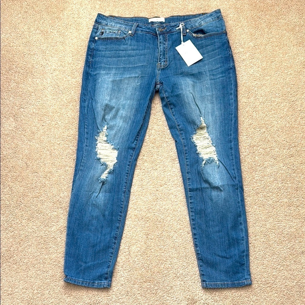 NWT KanCan Perfect Mid Rise Distressed Dark Wash Stretch Skinny Jeans - 2XL